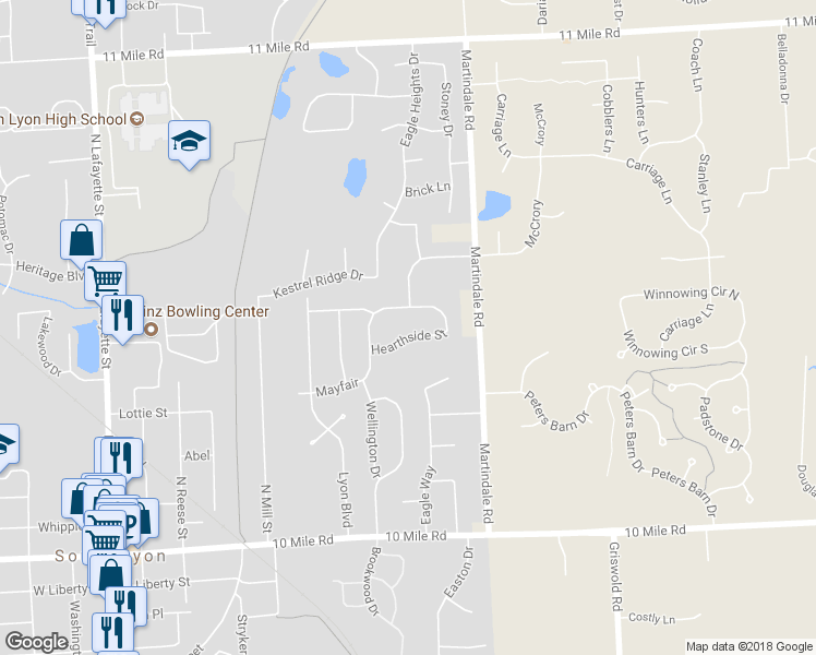 map of restaurants, bars, coffee shops, grocery stores, and more near 881 Hearthside Street in South Lyon