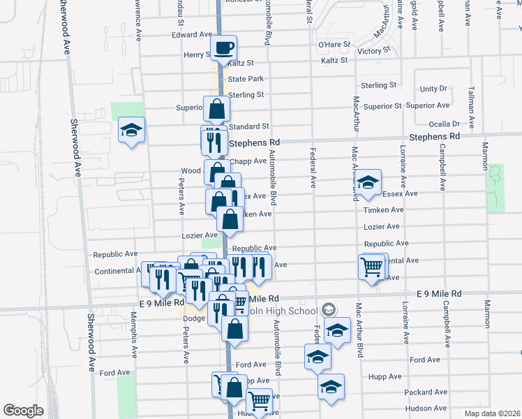 map of restaurants, bars, coffee shops, grocery stores, and more near 8111 Timken Avenue in Warren