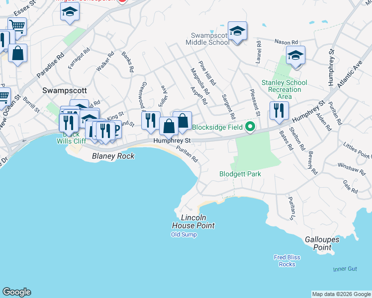 map of restaurants, bars, coffee shops, grocery stores, and more near 69 Puritan Road in Swampscott