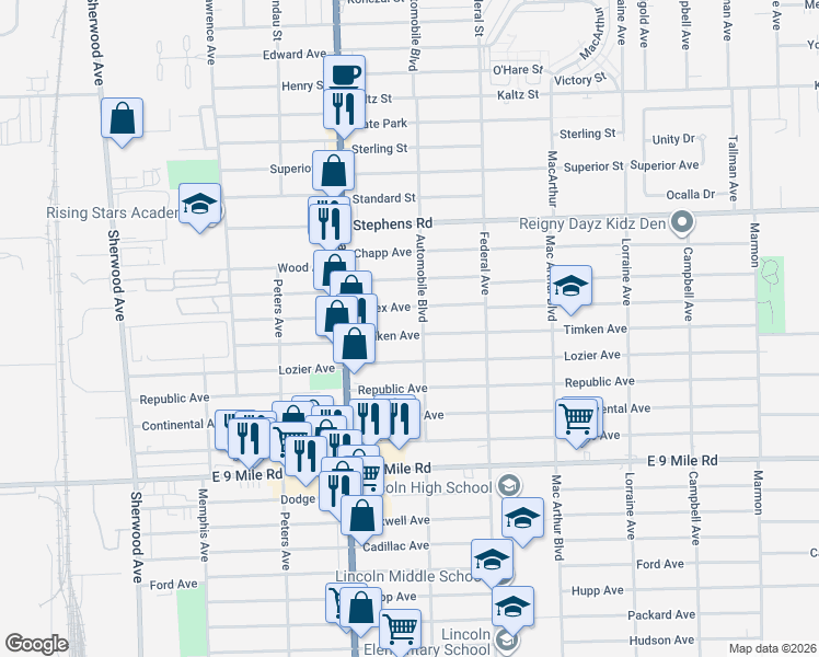 map of restaurants, bars, coffee shops, grocery stores, and more near 8087 Lozier Avenue in Warren