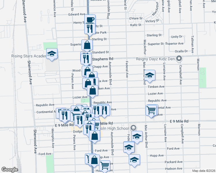 map of restaurants, bars, coffee shops, grocery stores, and more near 8203 Lozier Avenue in Warren
