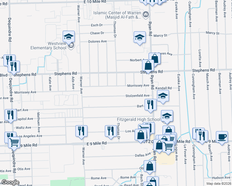 map of restaurants, bars, coffee shops, grocery stores, and more near 3566 Stolzenfeld Avenue in Warren