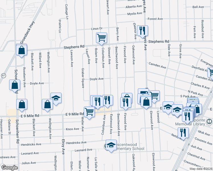map of restaurants, bars, coffee shops, grocery stores, and more near 23153 Stewart Avenue in Warren