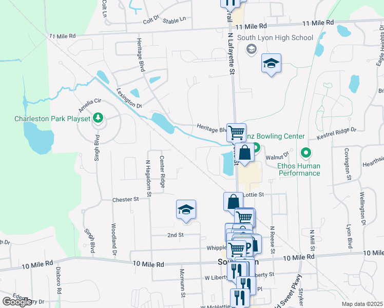 map of restaurants, bars, coffee shops, grocery stores, and more near 689 Forest Drive in South Lyon