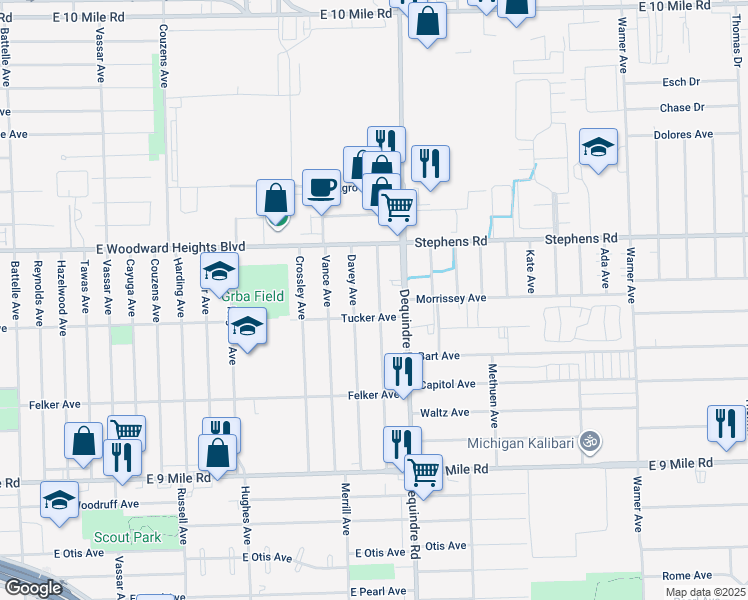 map of restaurants, bars, coffee shops, grocery stores, and more near 23735 Melville Avenue in Hazel Park