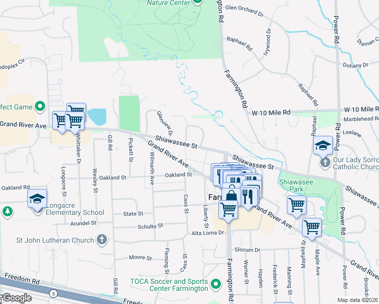 map of restaurants, bars, coffee shops, grocery stores, and more near 33608 Shiawassee Street in Farmington