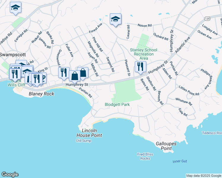 map of restaurants, bars, coffee shops, grocery stores, and more near 2 Millett Road in Swampscott