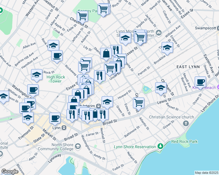 map of restaurants, bars, coffee shops, grocery stores, and more near in Lynn