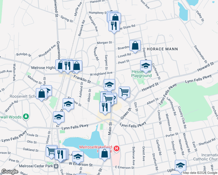 map of restaurants, bars, coffee shops, grocery stores, and more near 19 Sargent Street in Melrose