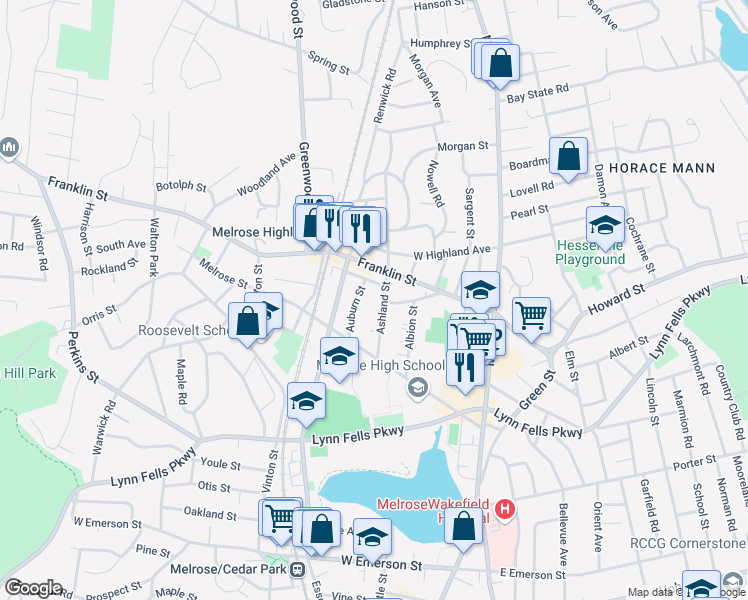 map of restaurants, bars, coffee shops, grocery stores, and more near 19 Ellsworth Avenue in Melrose