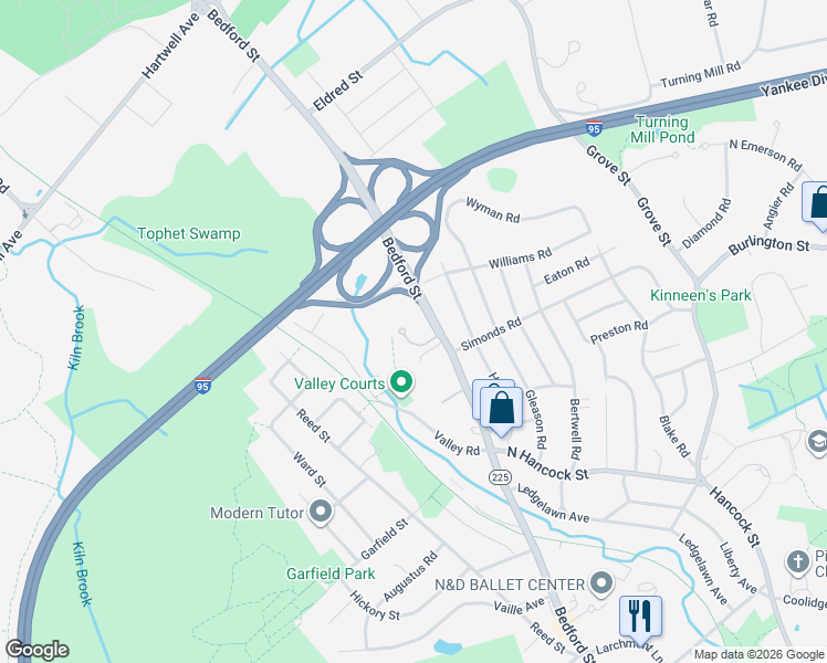map of restaurants, bars, coffee shops, grocery stores, and more near 342 Bedford Street in Lexington