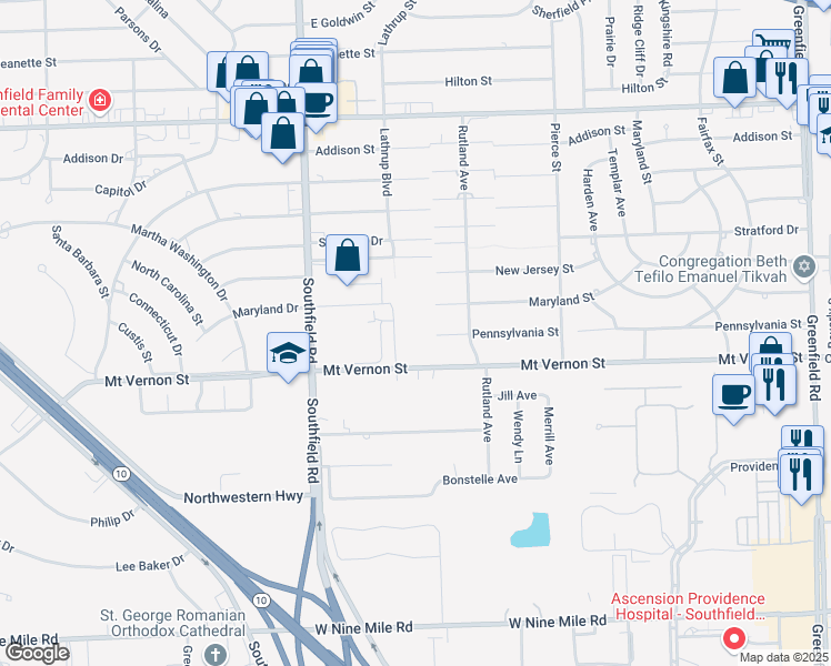 map of restaurants, bars, coffee shops, grocery stores, and more near 24200 Lathrup Boulevard in Southfield
