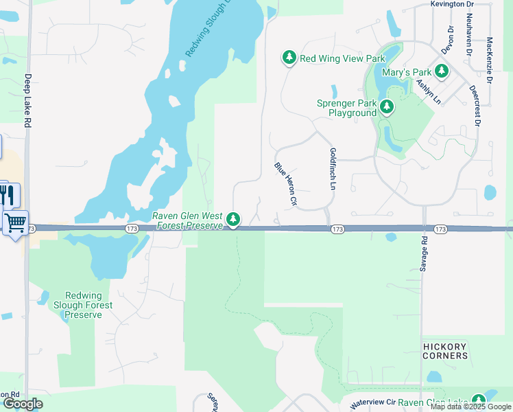 map of restaurants, bars, coffee shops, grocery stores, and more near 21280 Illinois 173 in Antioch