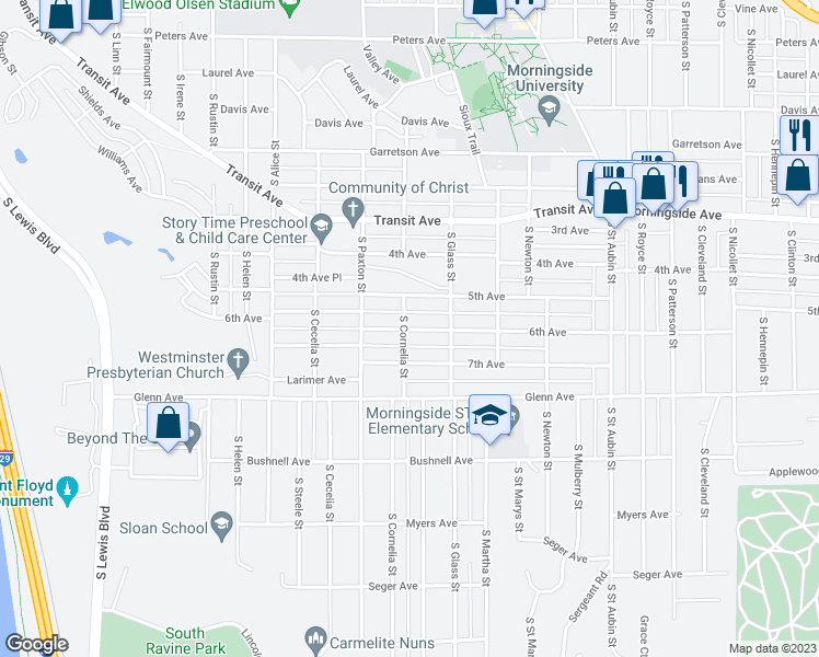 map of restaurants, bars, coffee shops, grocery stores, and more near 3405 6th Avenue in Sioux City