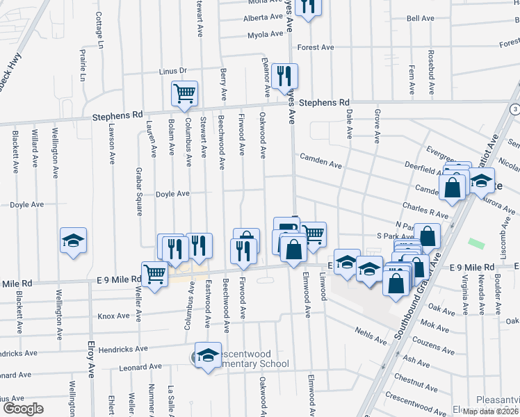 map of restaurants, bars, coffee shops, grocery stores, and more near 22944 Firwood Avenue in Eastpointe
