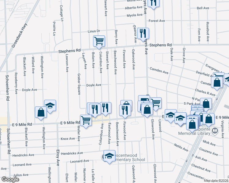 map of restaurants, bars, coffee shops, grocery stores, and more near 22905 Beechwood Avenue in Eastpointe
