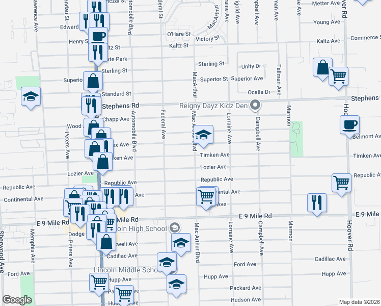 map of restaurants, bars, coffee shops, grocery stores, and more near 8515 Timken Avenue in Warren