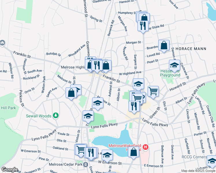 map of restaurants, bars, coffee shops, grocery stores, and more near 19 Ellsworth Avenue in Melrose
