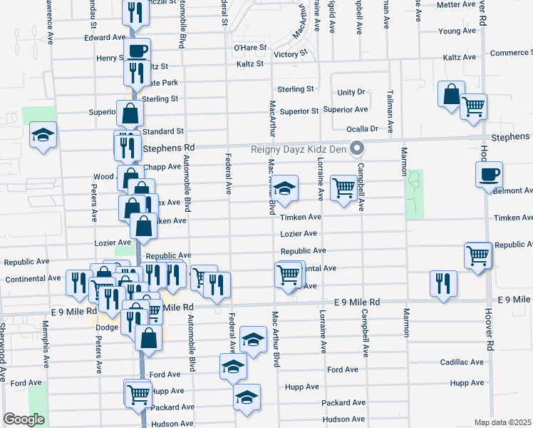 map of restaurants, bars, coffee shops, grocery stores, and more near 8515 Timken Avenue in Warren