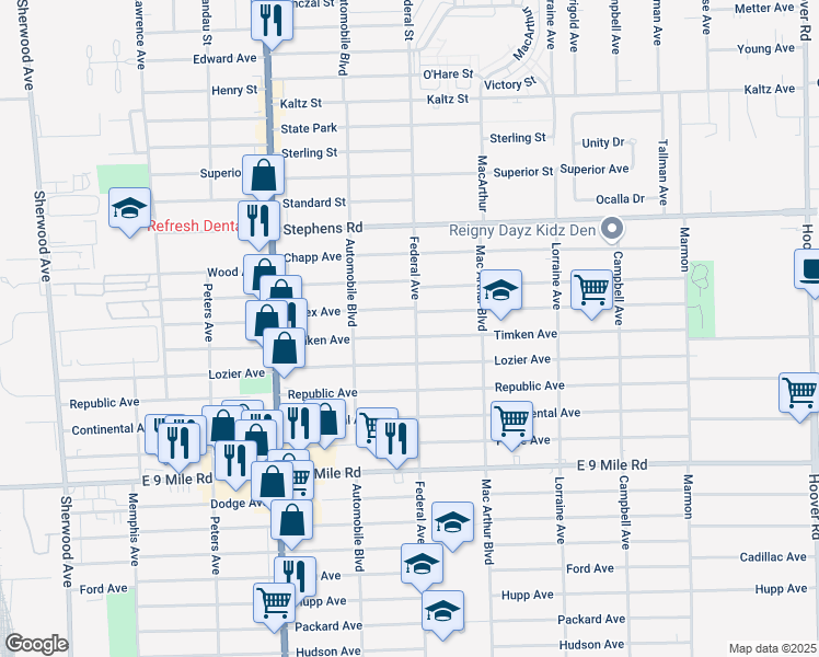 map of restaurants, bars, coffee shops, grocery stores, and more near 8315 Timken Avenue in Warren