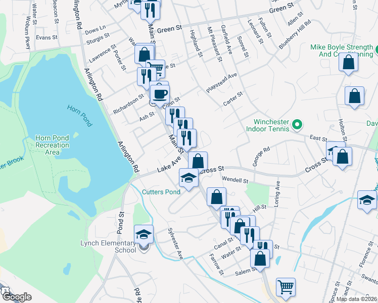 map of restaurants, bars, coffee shops, grocery stores, and more near 57 Massachusetts 38 in Woburn