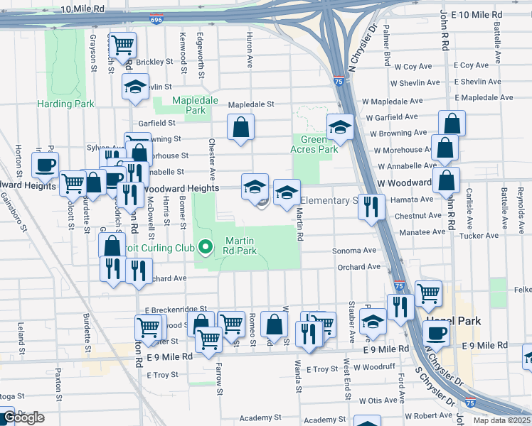map of restaurants, bars, coffee shops, grocery stores, and more near 2200 Woodward Heights in Ferndale