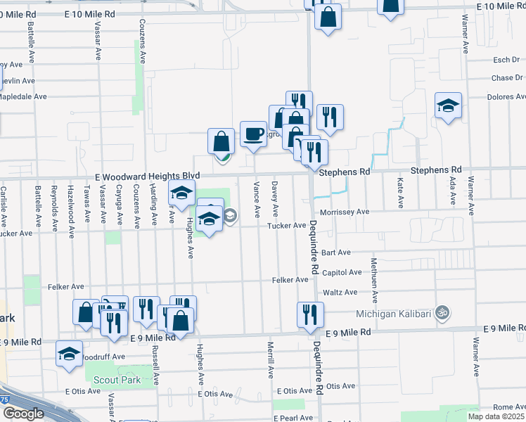 map of restaurants, bars, coffee shops, grocery stores, and more near 23807 Vance Avenue in Hazel Park