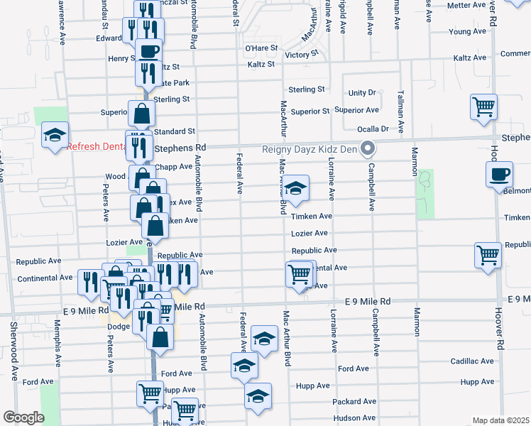 map of restaurants, bars, coffee shops, grocery stores, and more near 8443 Essex Avenue in Warren