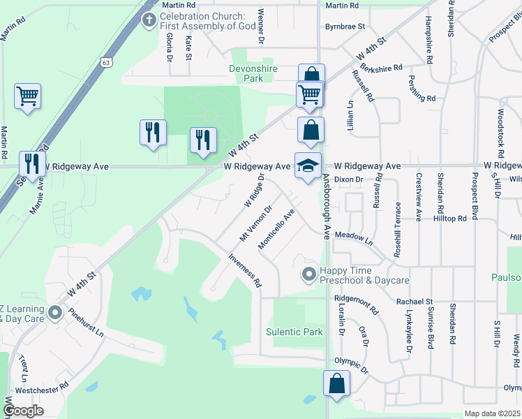 map of restaurants, bars, coffee shops, grocery stores, and more near 3319 West Ridge Drive in Waterloo