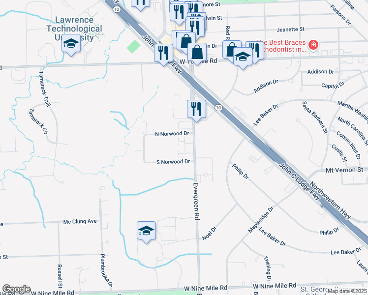 map of restaurants, bars, coffee shops, grocery stores, and more near 24387 Evergreen Road in Southfield