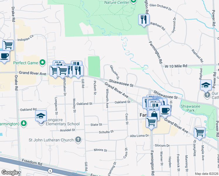 map of restaurants, bars, coffee shops, grocery stores, and more near 33925 Grand River Avenue in Farmington