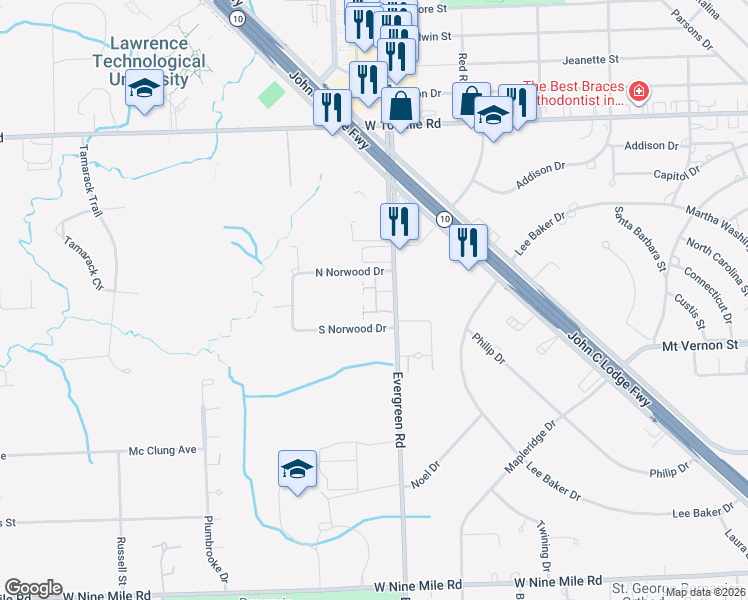 map of restaurants, bars, coffee shops, grocery stores, and more near 24387 Evergreen Road in Southfield