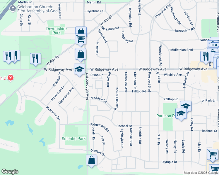map of restaurants, bars, coffee shops, grocery stores, and more near 721 Russell Road in Waterloo