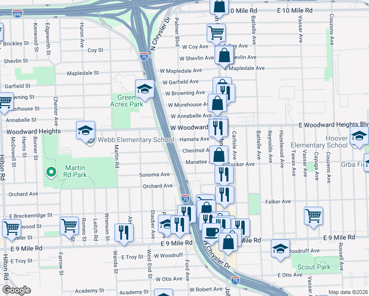map of restaurants, bars, coffee shops, grocery stores, and more near 344 Hamata Avenue in Hazel Park