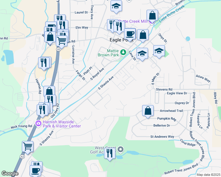 map of restaurants, bars, coffee shops, grocery stores, and more near 507 South Shasta Avenue in Eagle Point