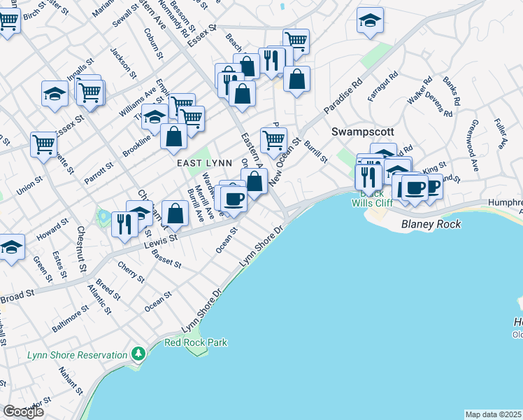 map of restaurants, bars, coffee shops, grocery stores, and more near 47-49 Ocean Street in Lynn