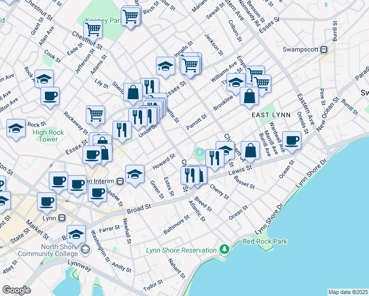 map of restaurants, bars, coffee shops, grocery stores, and more near 5 Fayette Street in Lynn