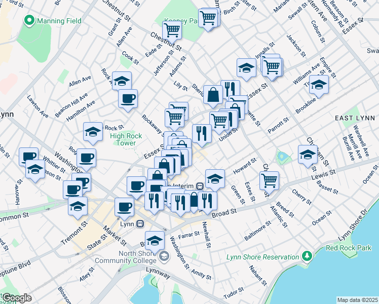 map of restaurants, bars, coffee shops, grocery stores, and more near 32 West Green Street in Lynn