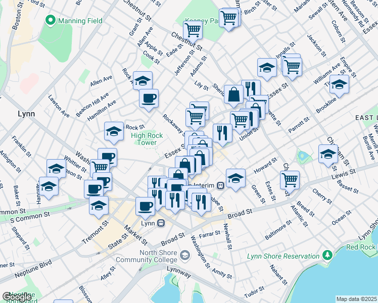 map of restaurants, bars, coffee shops, grocery stores, and more near 8 Joyce Street in Lynn
