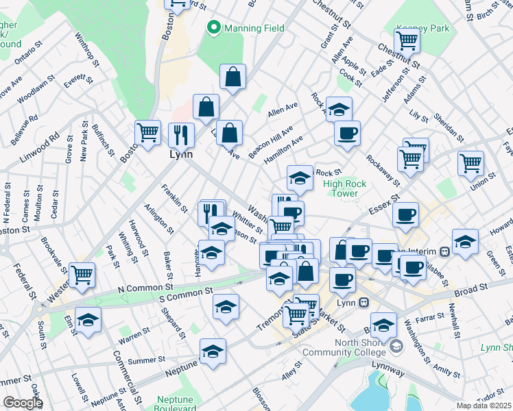 map of restaurants, bars, coffee shops, grocery stores, and more near 70 Rogers Avenue in Lynn