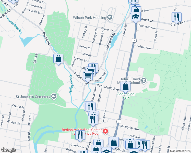 map of restaurants, bars, coffee shops, grocery stores, and more near 321 Wahconah Street in Pittsfield