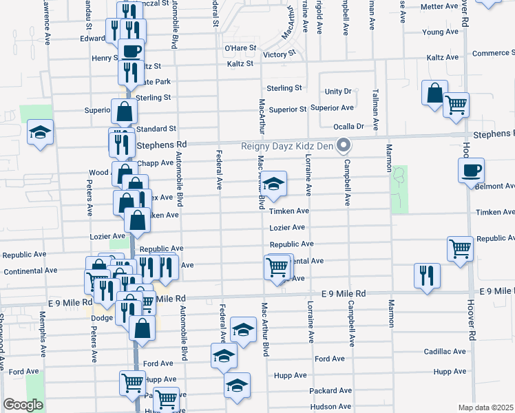 map of restaurants, bars, coffee shops, grocery stores, and more near 8517 Essex Avenue in Warren