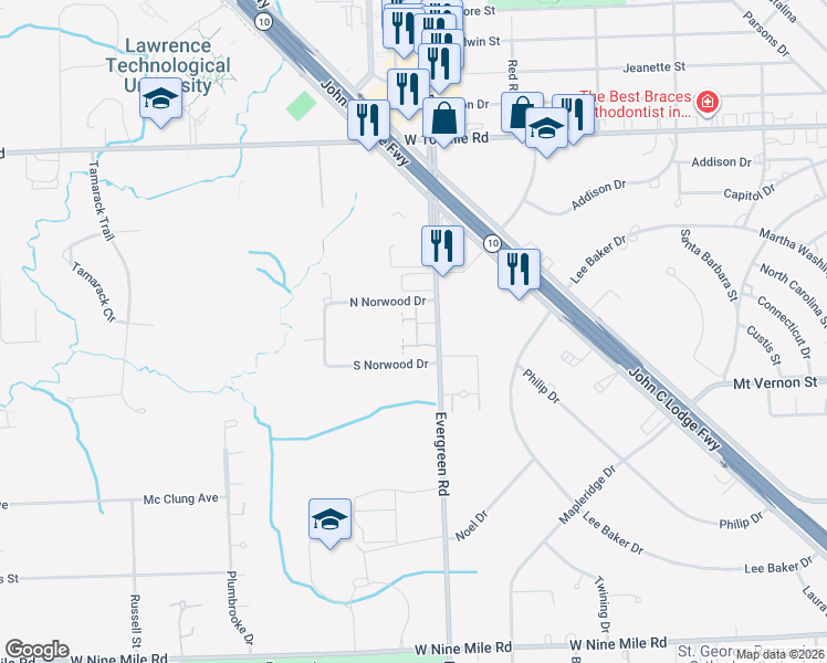 map of restaurants, bars, coffee shops, grocery stores, and more near 24387 Evergreen Road in Southfield
