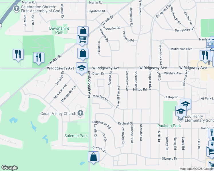 map of restaurants, bars, coffee shops, grocery stores, and more near 721 Russell Road in Waterloo
