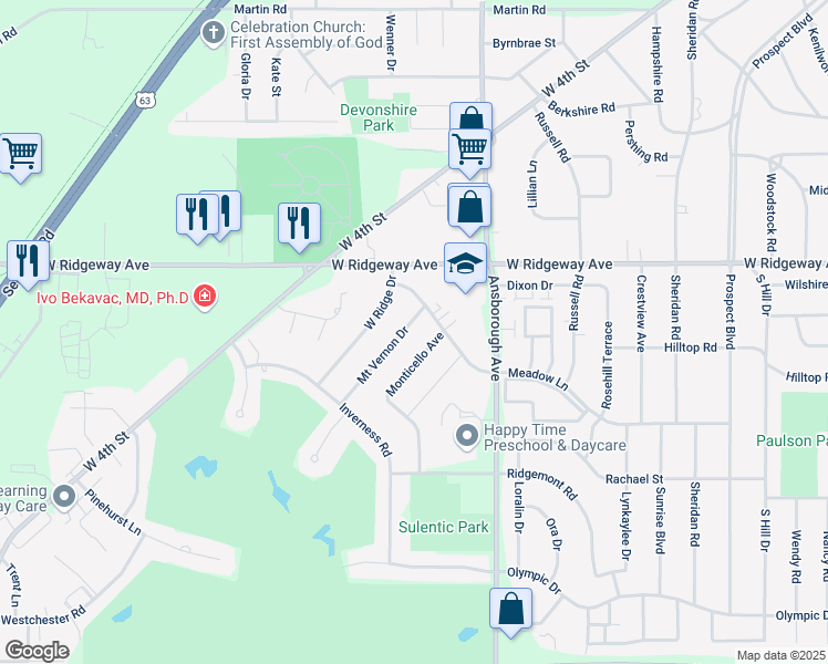 map of restaurants, bars, coffee shops, grocery stores, and more near 3301 Mount Vernon Drive in Waterloo