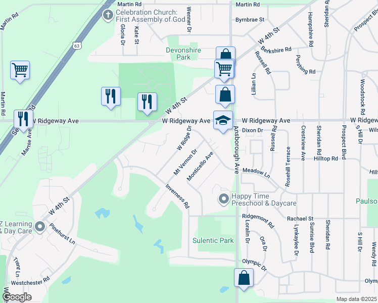 map of restaurants, bars, coffee shops, grocery stores, and more near 3319 West Ridge Drive in Waterloo