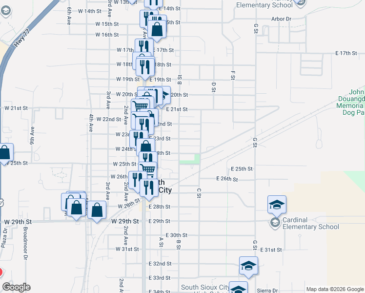 map of restaurants, bars, coffee shops, grocery stores, and more near 2201-2299 B Street in South Sioux City