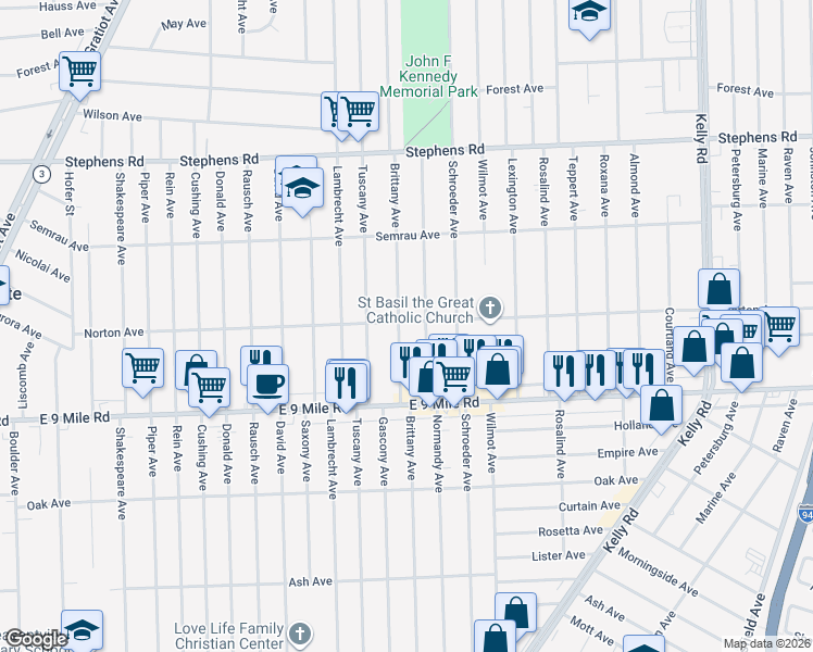 map of restaurants, bars, coffee shops, grocery stores, and more near 23027 Normandy Avenue in Eastpointe