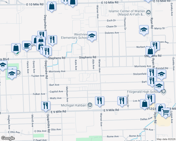 map of restaurants, bars, coffee shops, grocery stores, and more near 23853 Ada Avenue in Warren