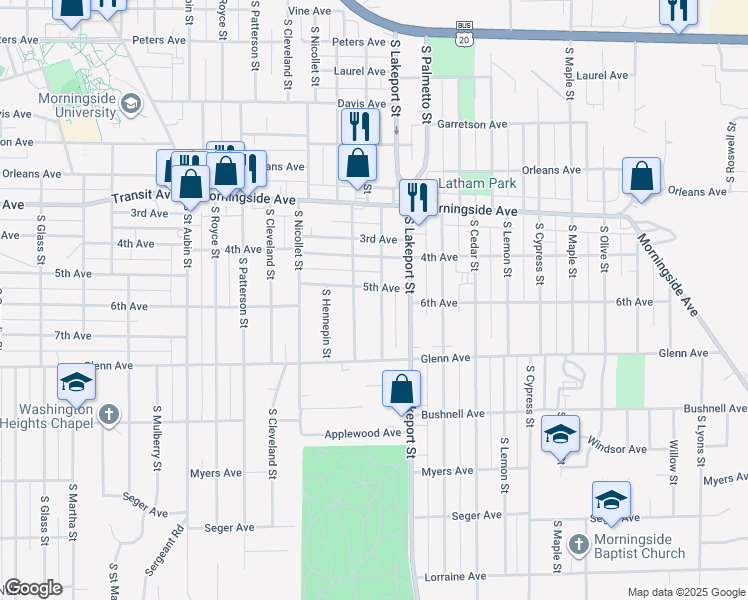 map of restaurants, bars, coffee shops, grocery stores, and more near 4601-4647 5th Avenue in Sioux City